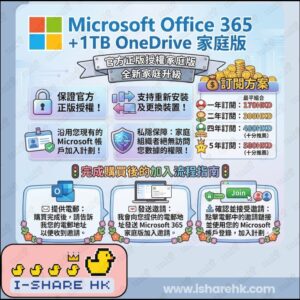 Promotional banner for Microsoft Office 365 + 1TB OneDrive 家庭版 with upgrade features and pricing icons (HKD).