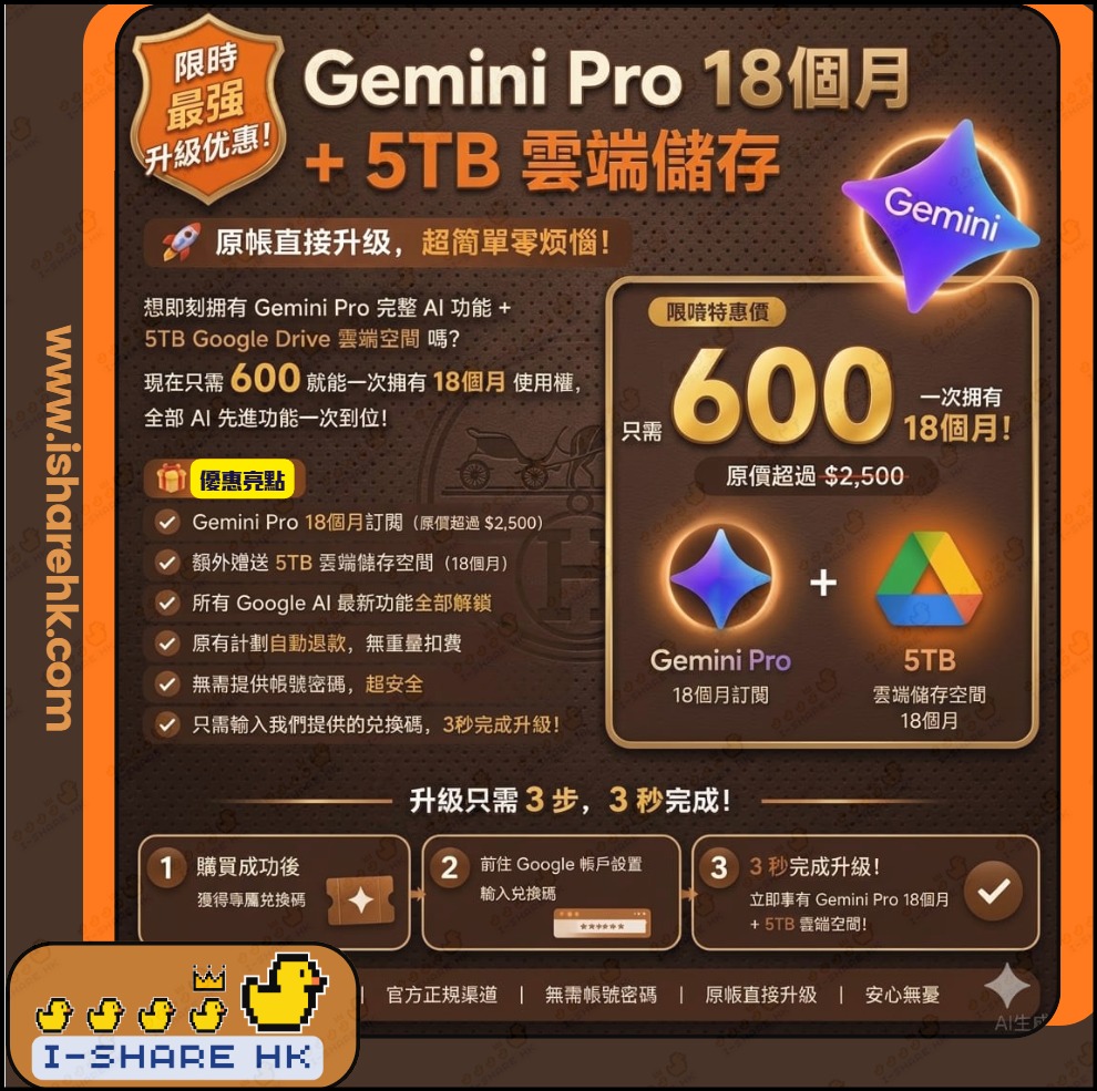 WhatsApp Image 2026-06-05 at 184505 - isharehk.com 廣告海報:宣布 Gemini Pro 18個月 + 5TB 雲端存儲的促銷優惠,橙棕色背景與金色數字焦點。